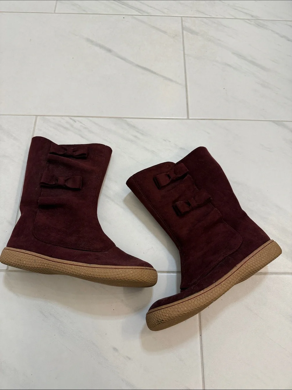 Livie & Luca Burgundy Suede Bow-Accent Kids Boots